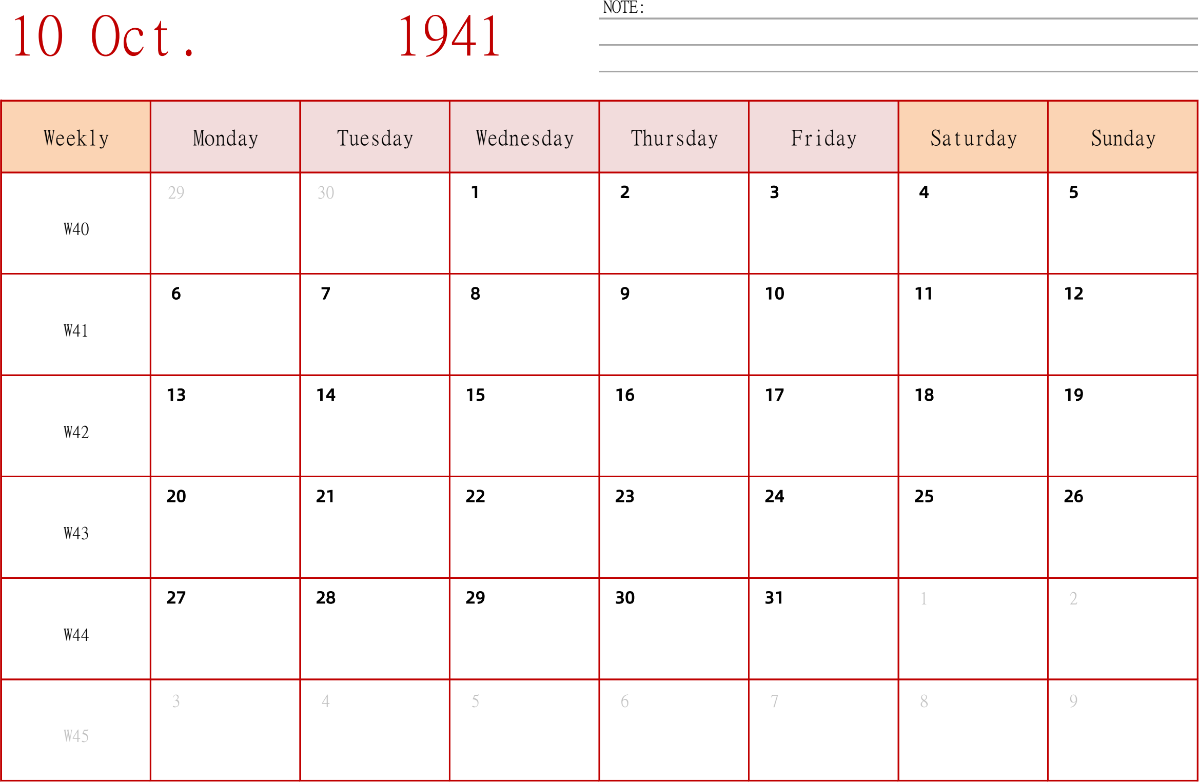 日历表1941年日历 英文版 横向排版 周一开始 带周数